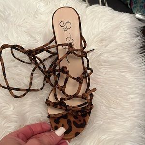 Scrappy, leopard print wrap around the ankle shoe